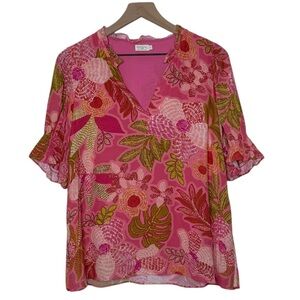 Spartina 449 Eirene Blouse Callawassie Flowers Pink Smocked Ruffled Size Medium